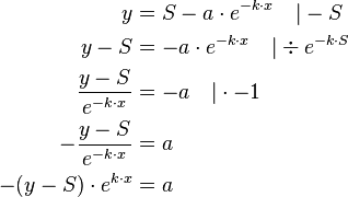  \begin{align}
y &= S-a \cdot e^{-k \cdot x} \quad |-S \\
y-S &= -a \cdot e^{-k \cdot x} \quad | \div e^{-k \cdot S} \\
\frac{y-S}{e^{-k \cdot x}} &= -a \quad | \cdot -1 \\
-\frac{y-S}{e^{-k \cdot x}} &= a \\
-(y-S) \cdot e^{k \cdot x} &= a
\end{align} 