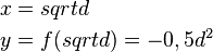 
\begin{align}
 x&=sqrt d \\
y&= f( sqrt d )  = - 0,5 d^2
\end{align}
